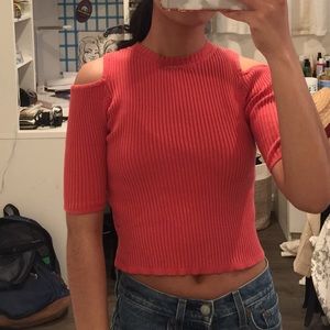Red orange sweater cold shoulder crop top